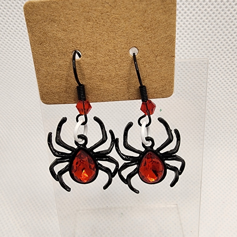 Red Jeweled Black Spider Earrings